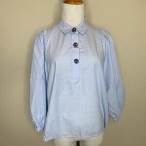 Zara Blue Bead Button Cropped Puff Sleeve Blouse Sz Medium